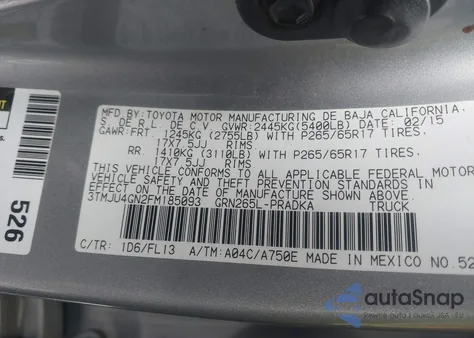 2015 Toyota Tacoma Prerunner V6 z USA, uszkodzony, nr VIN 3TMJU4GN2FM185093